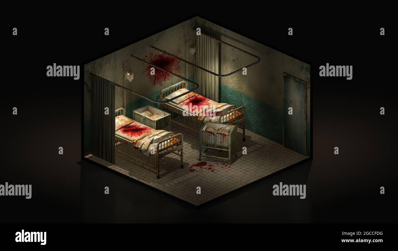 Chambre avec sang et horreur et créepy à l'hôpital. Illustration 3d isomatric. Banque D'Images