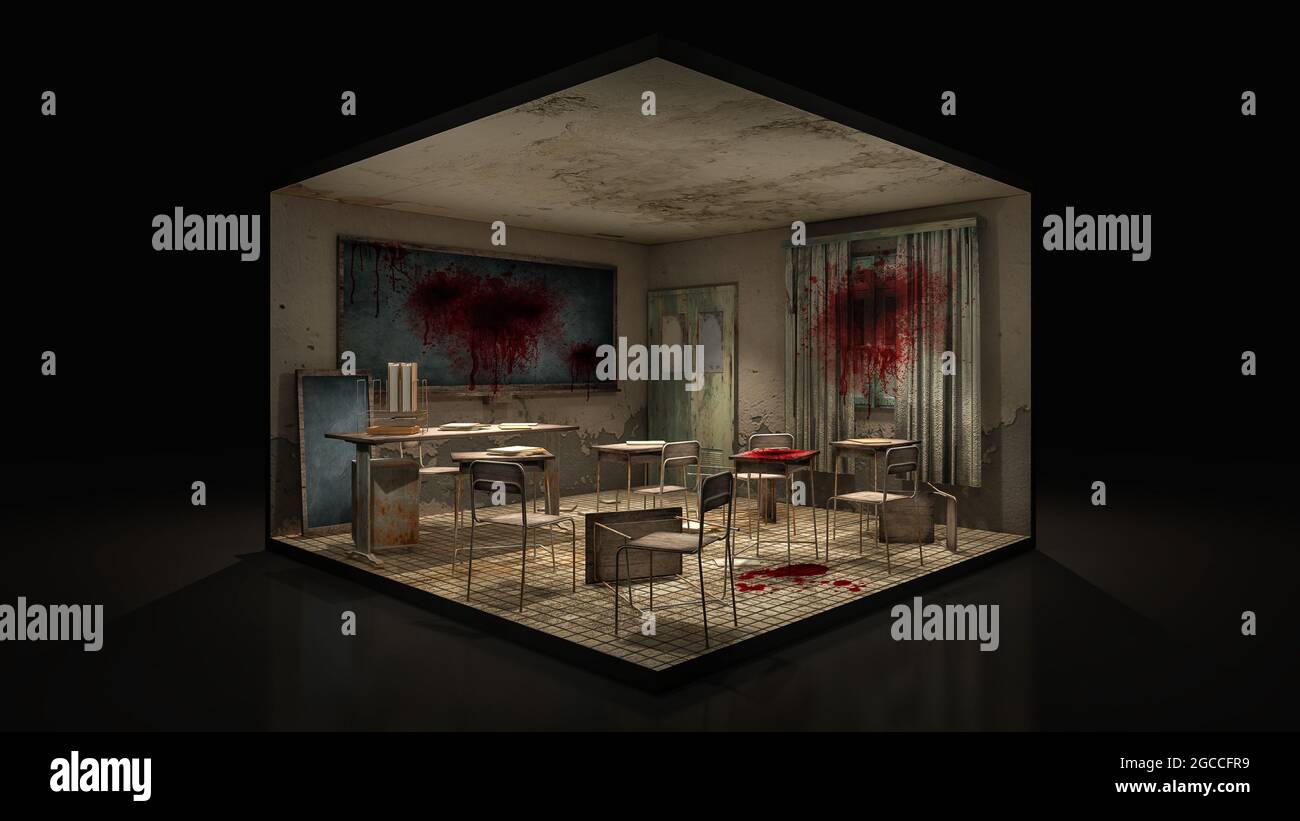 Salle de classe avec horreur et créepy à l'école avec du sang. illustration 3d. Banque D'Images