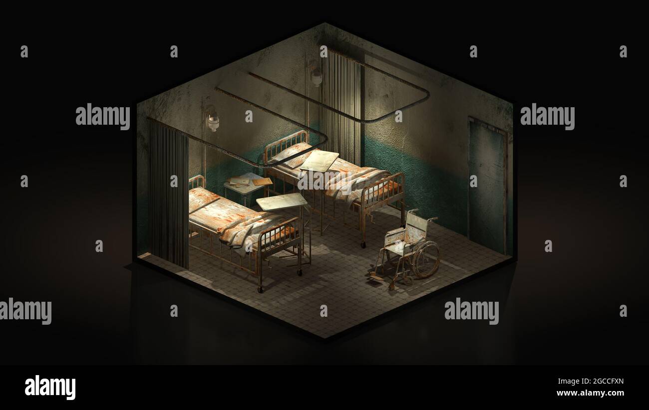 Chambre avec horreur et créepy dans l'hôpital avec fauteuil roulant., 3D illustration isomatric. Banque D'Images