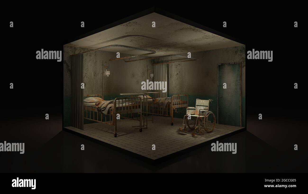 Chambre avec horreur et créepy dans l'hôpital avec fauteuil roulant., illustration 3d. Banque D'Images