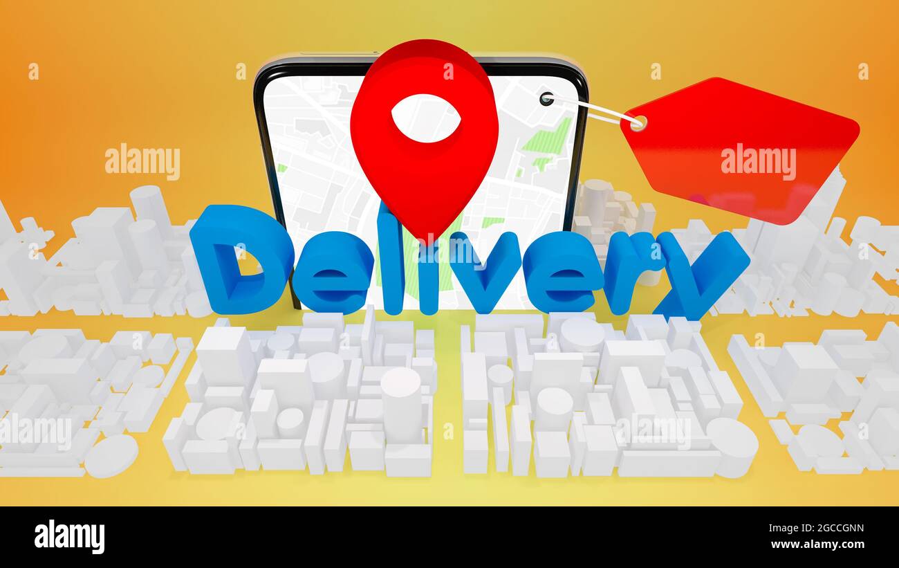 Modèle de carte de la ville avec des pointeurs rouges et téléphone mobile.,concept de livraison.,rendu 3D. Banque D'Images