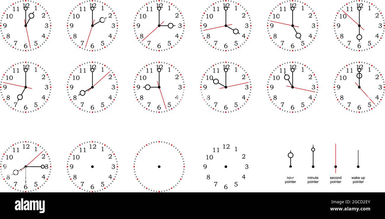 Cadran ou cadran avec les douze temps complets sur fond blanc isolé. Pointeur unique d'heure, de minute et de seconde pour le positionnement propre. Illustration de Vecteur