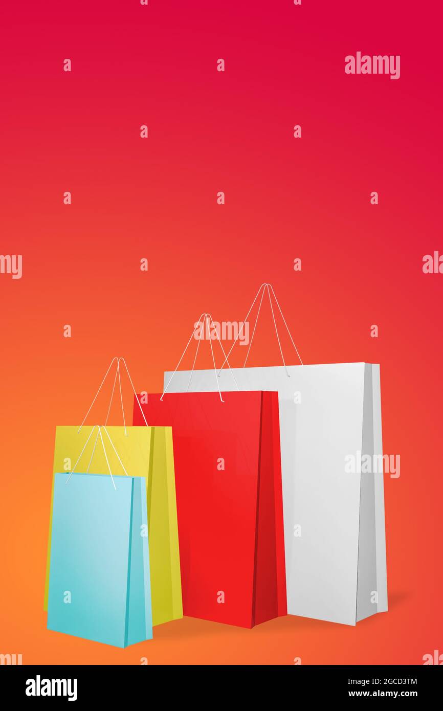 Sacs de shopping en papier coloré sur fond rouge, rendu 3D. Banque D'Images