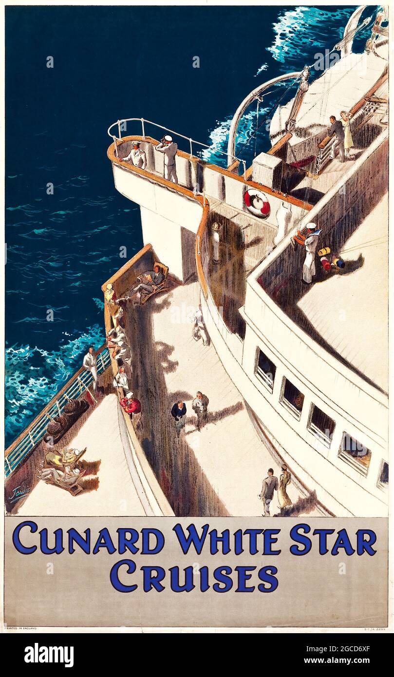 Affiche ancienne: Cunard White Star Cruises affiche de voyage (c. 1936). La compagnie maritime britannique, White Star Line. Banque D'Images