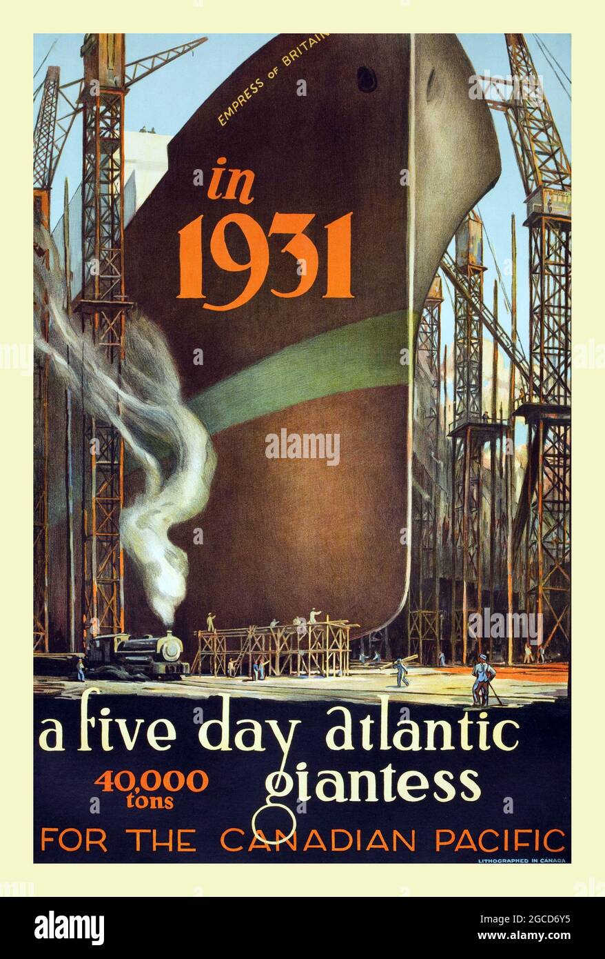 UNE AFFICHE DE VOYAGE DE STYLE ART DÉCO CANADIEN. 1931. Une Giantesse atlantique de cinq jours. Canadien Pacifique. Banque D'Images