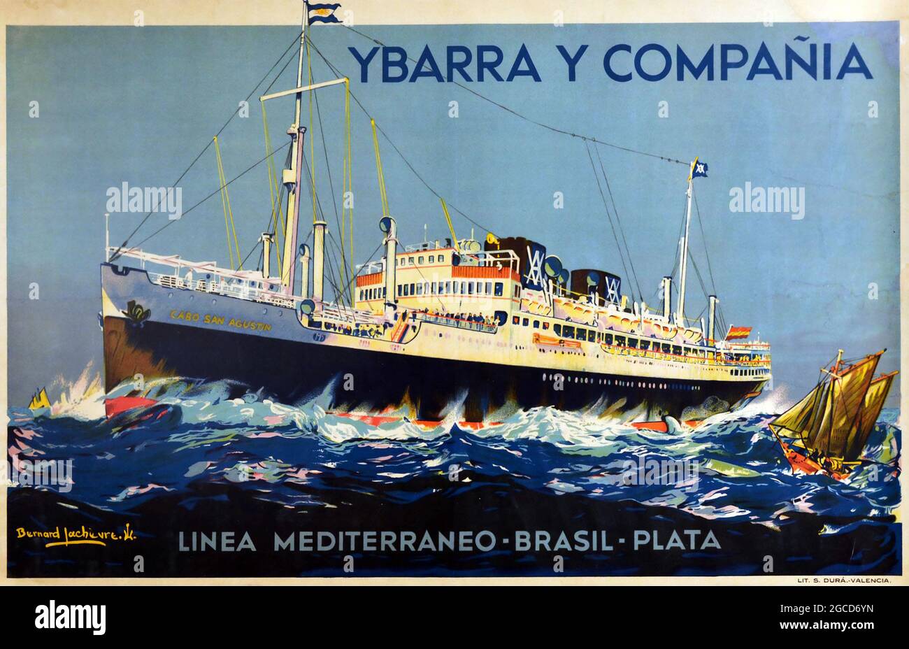 Affiche vintage – Méditerranée Brésil croisière Liner Travel Ybarra y Compania – Ship Art – Linea Mediterraneo – Brasil – Plata Banque D'Images