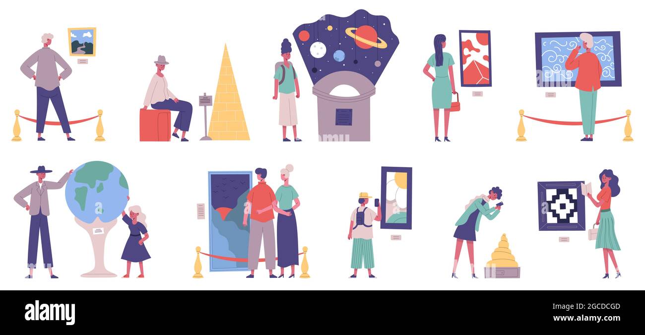 Musée, galerie d'art et excursion d'exposition au planétarium. Galerie peinture art et histoire musée expositions scénario ensemble d'illustrations Illustration de Vecteur