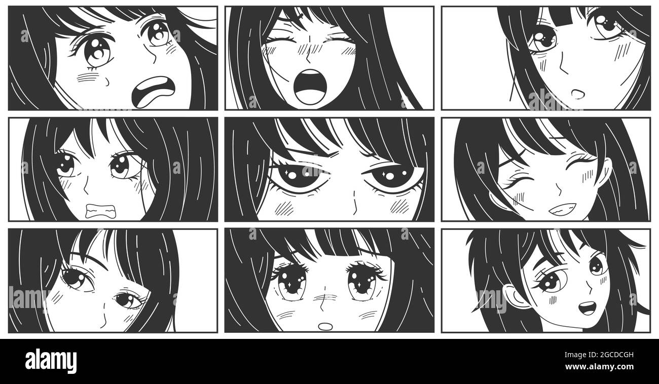 Manga kawaii expressions asiatiques anime filles personnages. Anime Cute Woman affiches de bande dessinée, ensemble d'illustrations vectorielles. Bande dessinée de manga de dessin animé japonais Illustration de Vecteur