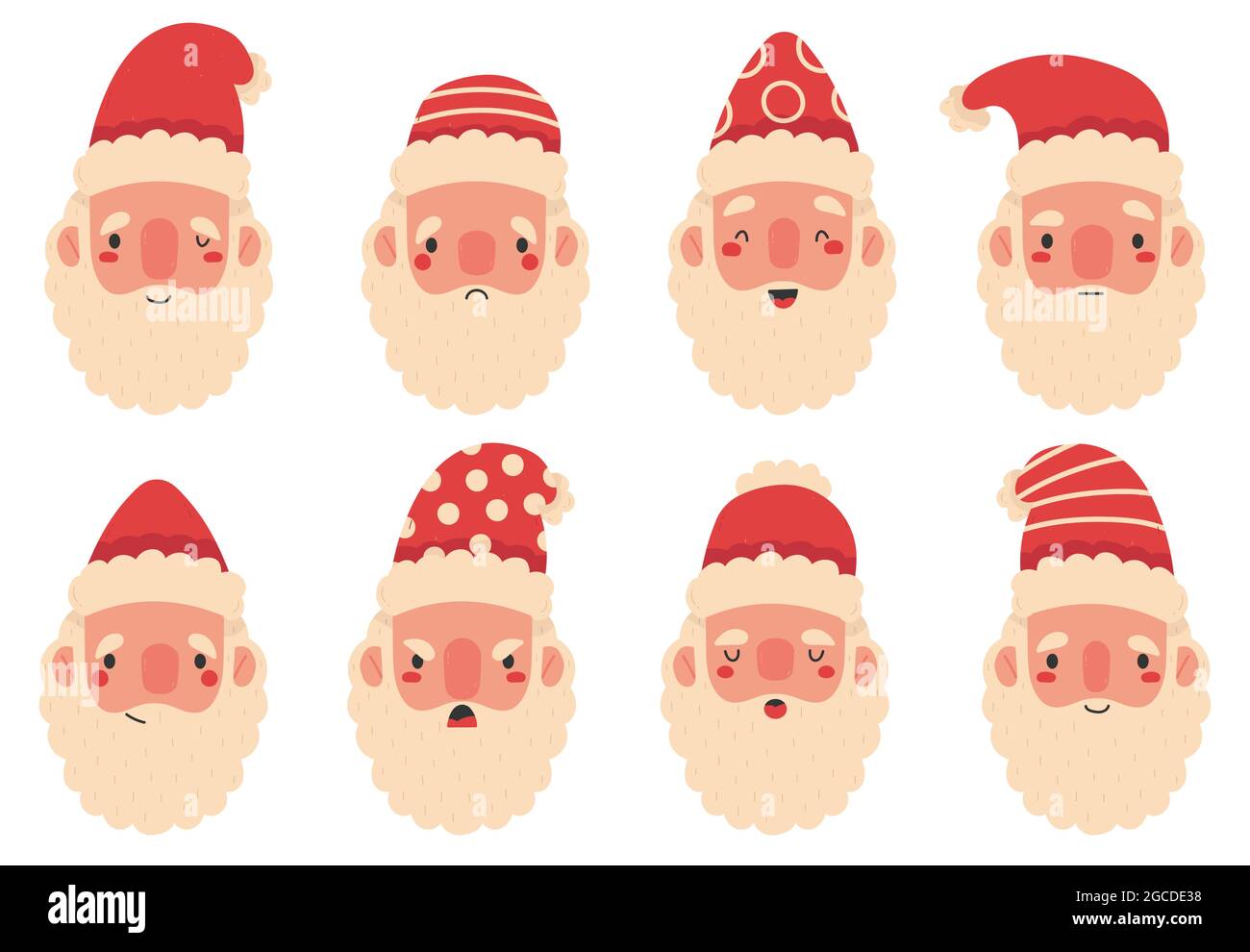 Noël Santa Claus mascottes expressions du visage mignons. Jeu d'illustrations vectorielles têtes barbes du Père Noël pour les vacances d'hiver. Caricature Père Noël heureux et Illustration de Vecteur