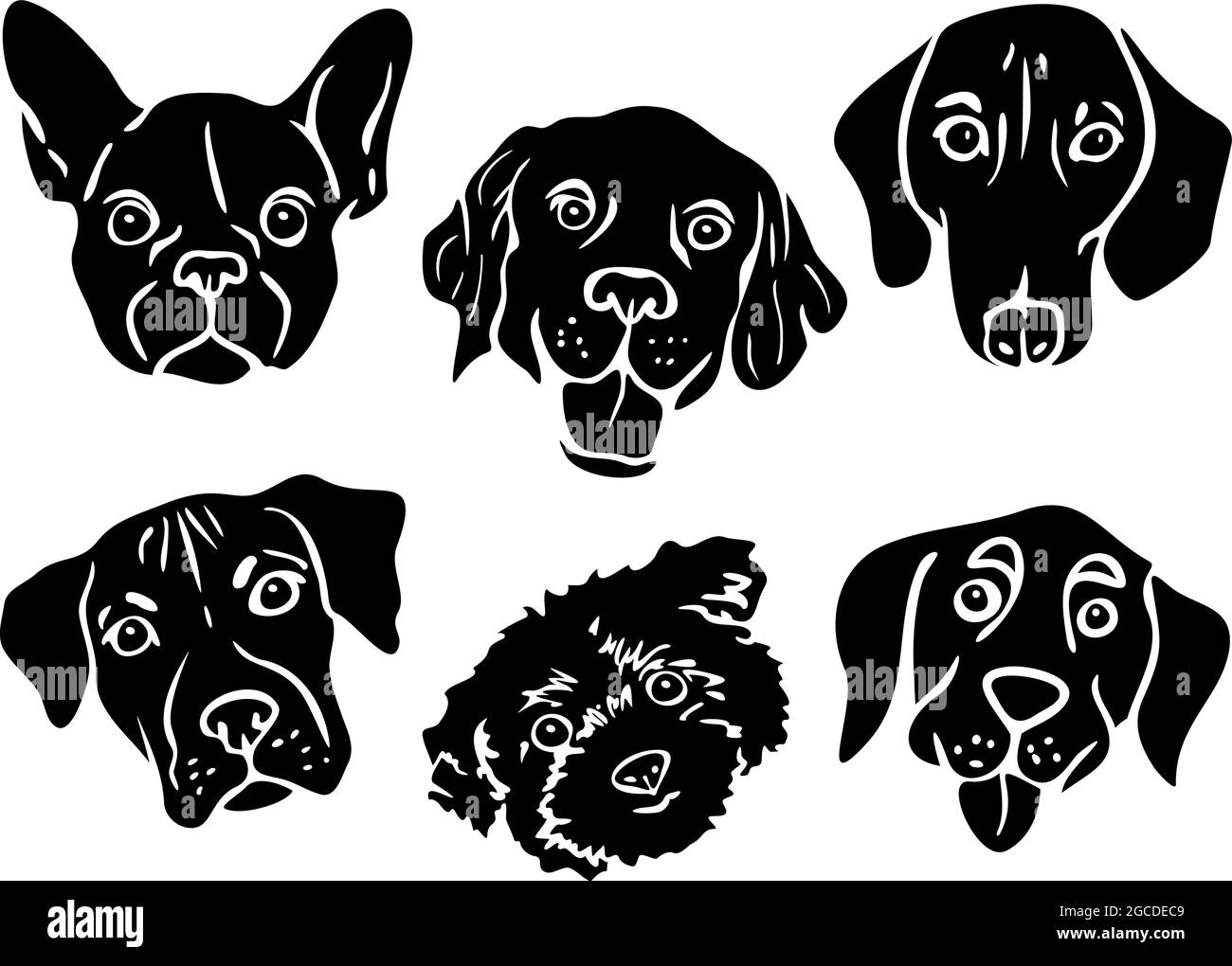 Jeu d'illustrations vectorielles avec silhouettes de visages de chien. Collection de portraits de chiens en noir et blanc. Illustration de Vecteur