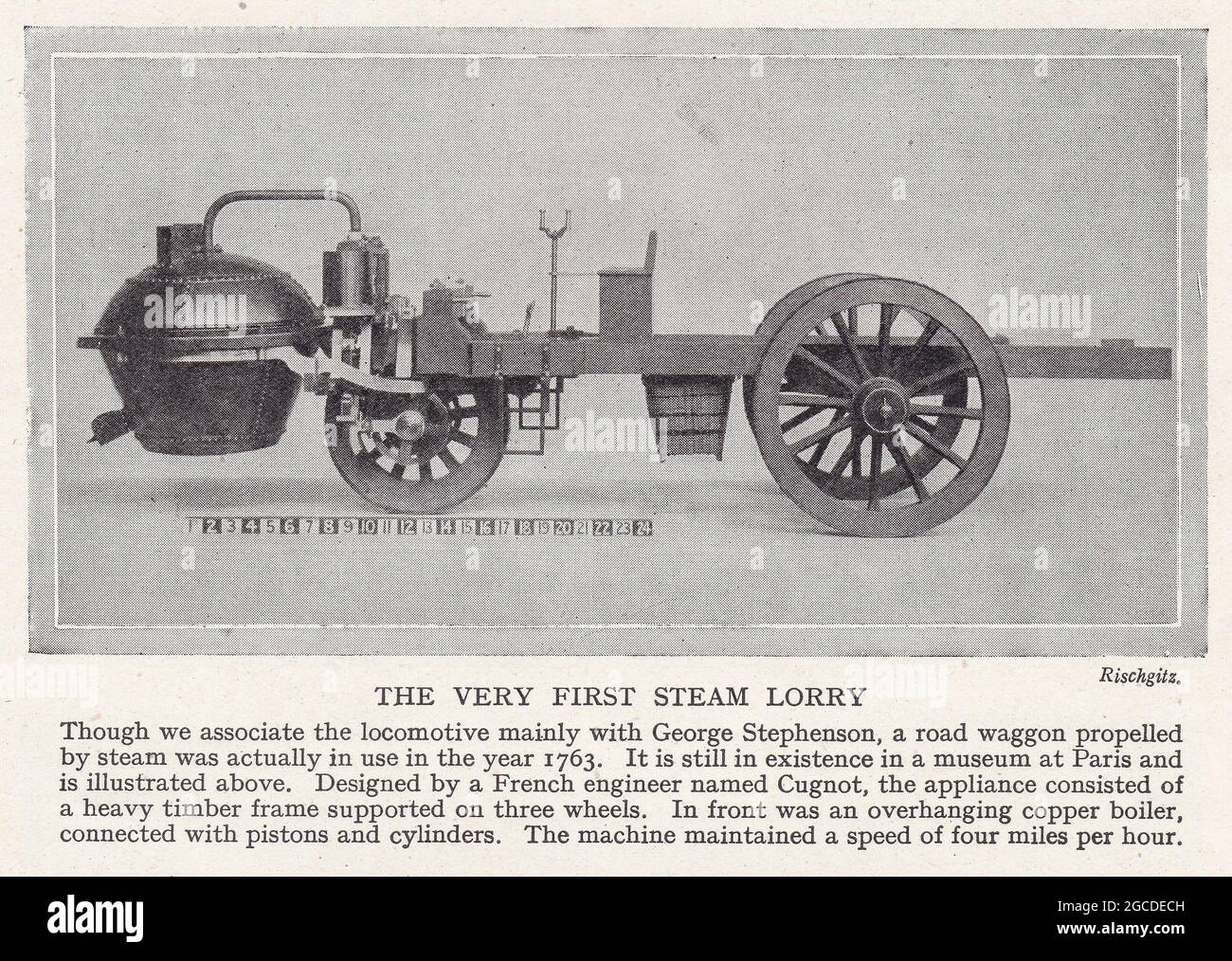 Illustration ancienne d'une locomotive de Cugnot / wagon de route propulsé par vapeur 1763. Banque D'Images