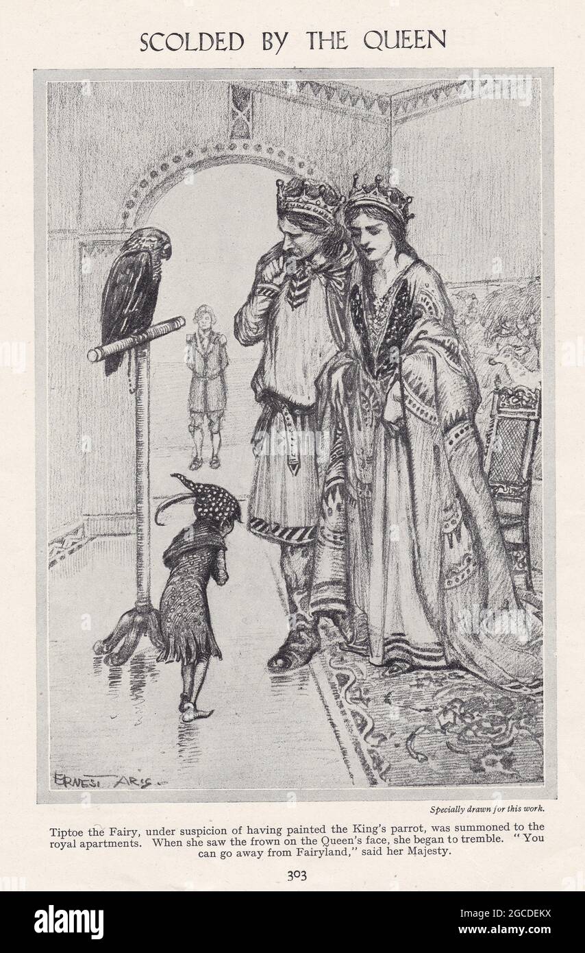 Illustration vintage de la fée de tiptep sur ses aventures / scolded par la Reine. Banque D'Images