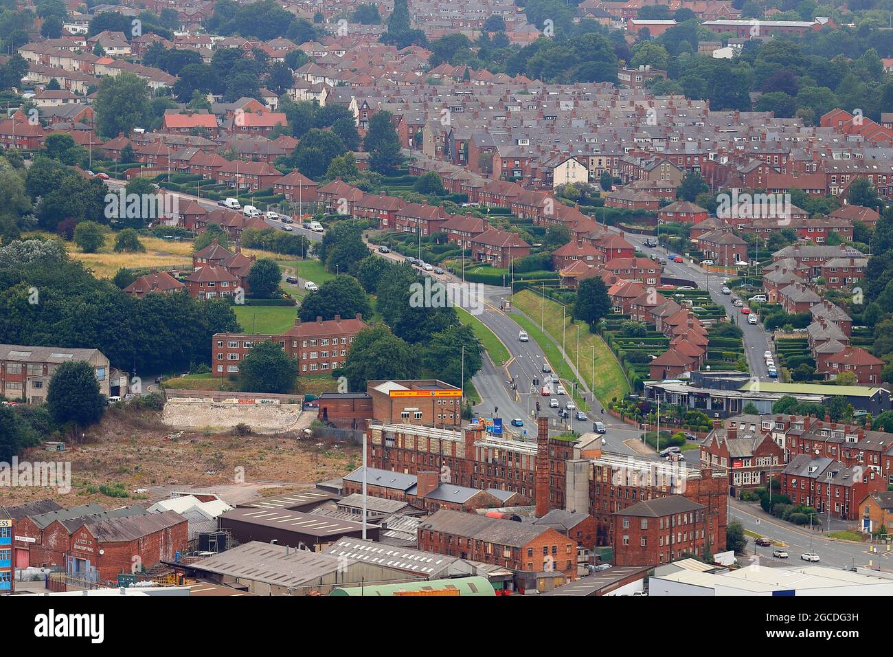 L'une des nombreuses vues sur le centre-ville de Leeds depuis le sommet du plus haut bâtiment du Yorkshire, « Altus House » Banque D'Images