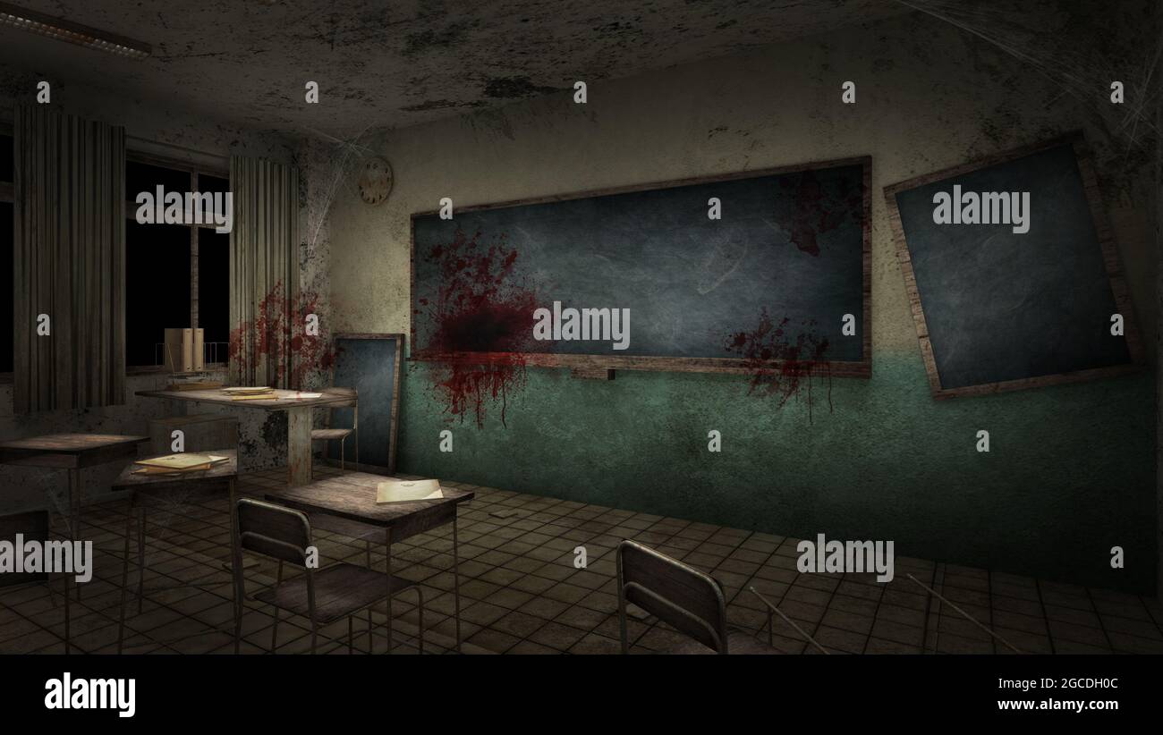 salle de classe avec horreur et créepy à l'école avec du sang. Rendu 3D Banque D'Images