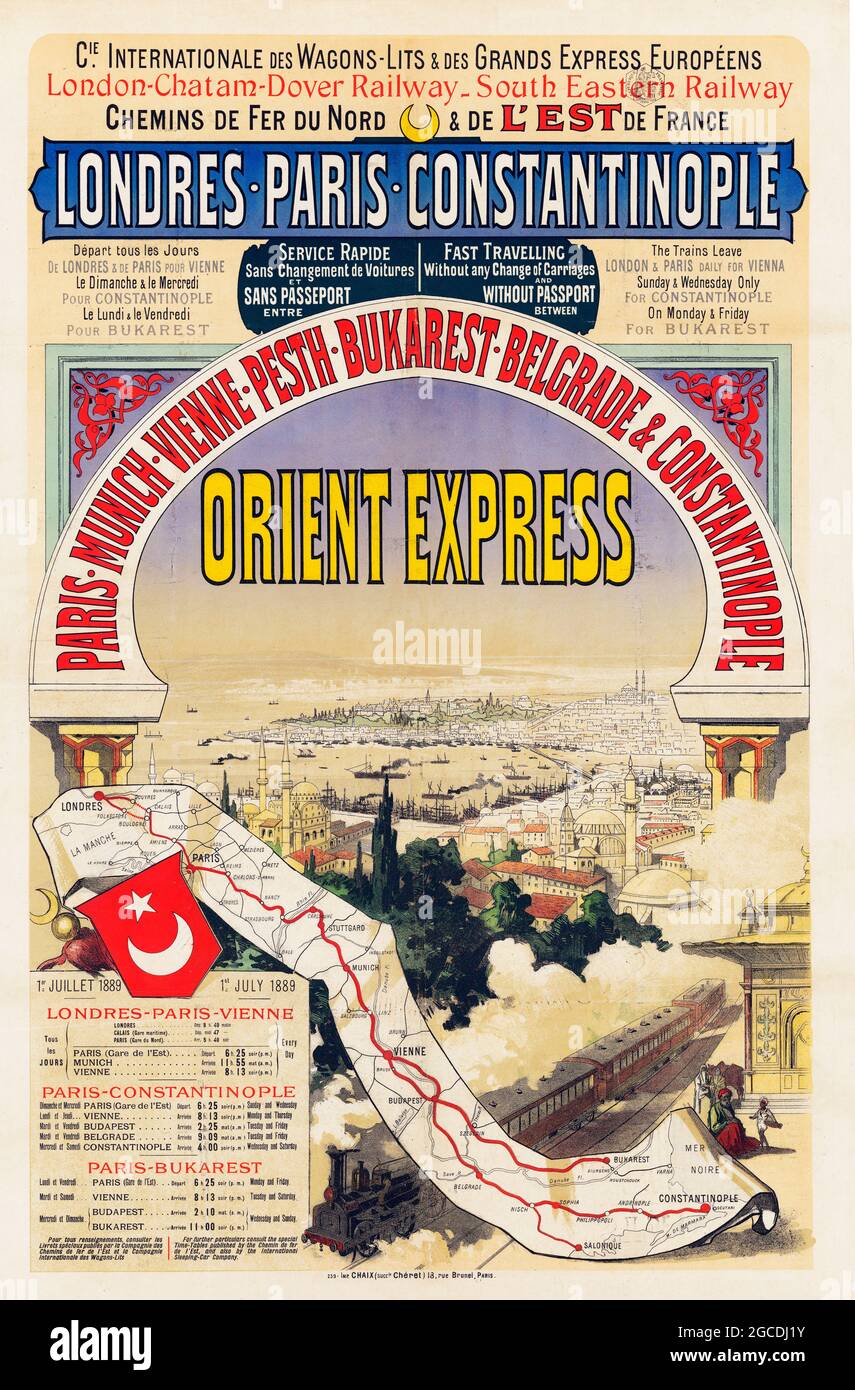 Affiche ancienne train / chemin de fer / transport. Publicité Orient-Express – Londres–Paris–Constantinople. années 1880. Banque D'Images