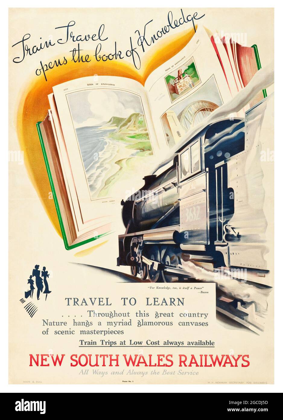 Train Travel ouvre le livre de la connaissance – affiche de voyage (produit par les chemins de fer de la Nouvelle-Galles du Sud) Banque D'Images