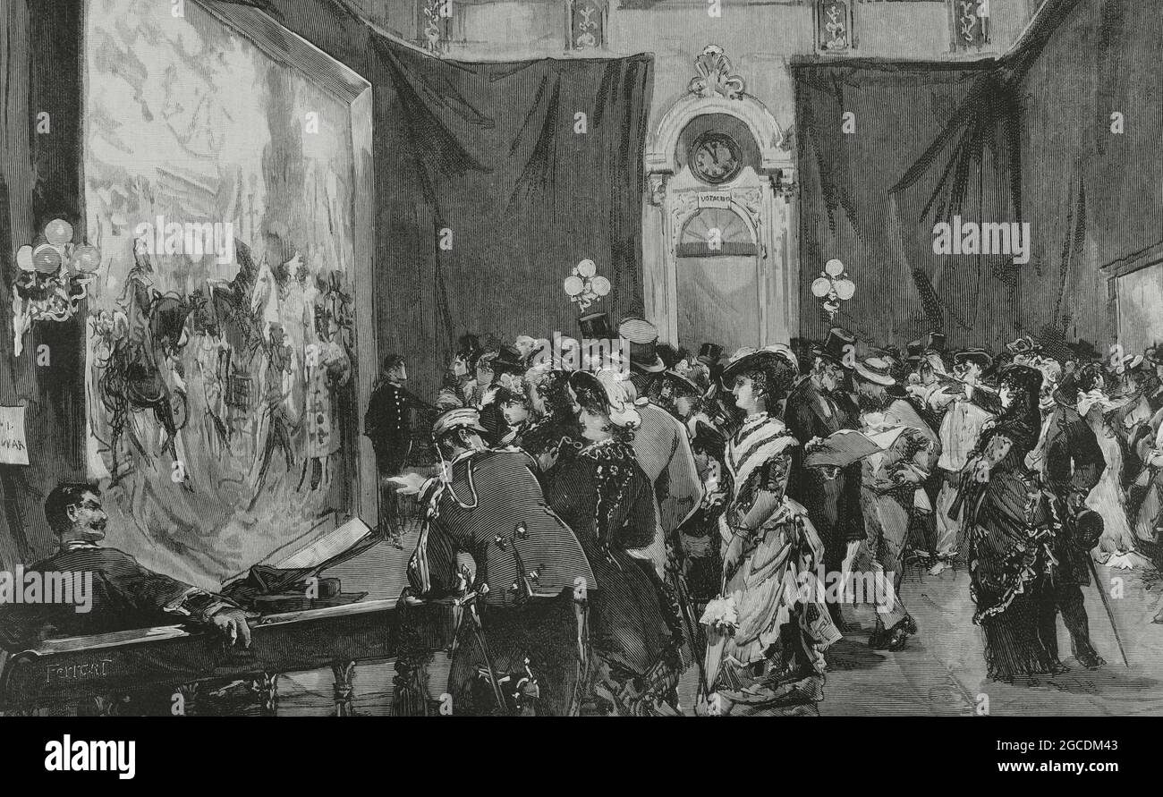 Espagne, Madrid. Exposition de la peinture du peintre espagnol Francisco Pradilla (1848-1921) 'la Rendición de Granada' (la reddition de Grenade), dans la salle de conférence du Sénat. Dessin de la vie par A. Ferrant. Gravure par Eugenio Vela. La Ilustración Española y Americana, 1882. Banque D'Images