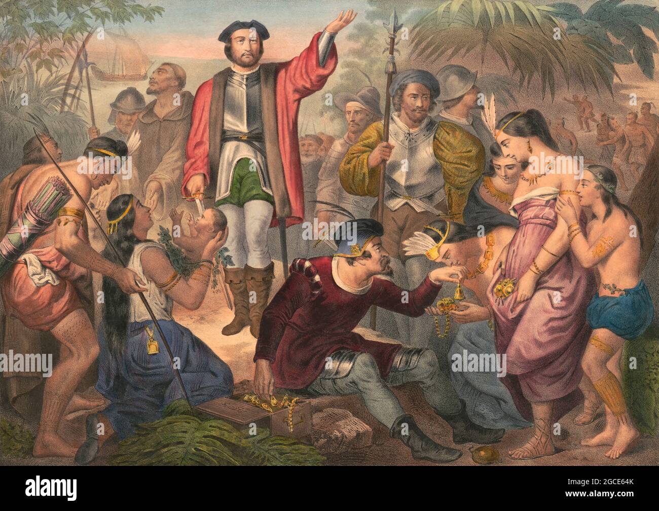 Christophe Colomb débarque sur l'île de San Salvador le 12 octobre 1492, plus tard appelée l'île Watling, optimisée numériquement Banque D'Images