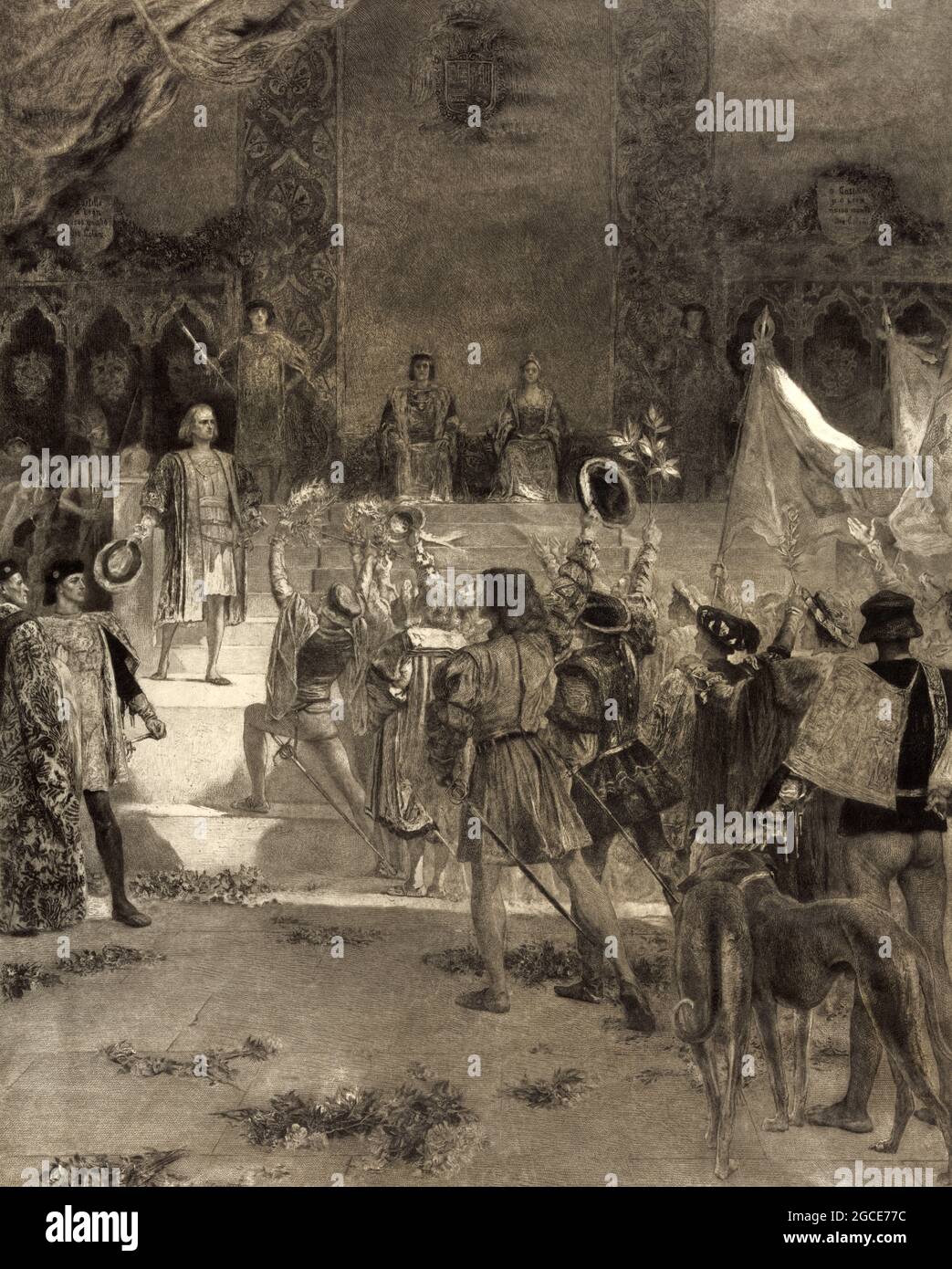 Christophe Colomb debout devant le roi Ferdinand et la reine Isabella à son retour en Espagne; optimisé numériquement Banque D'Images