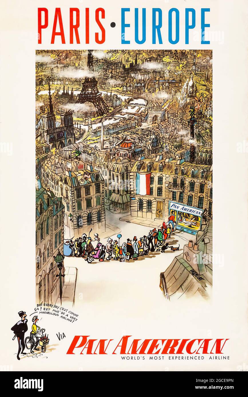 PARIS - EUROPE via Pan American Airways (années 1950). PAN. AM. Affiche de voyage feat. Une illustration détaillée de Paris incluant la Tour Eiffel. Banque D'Images