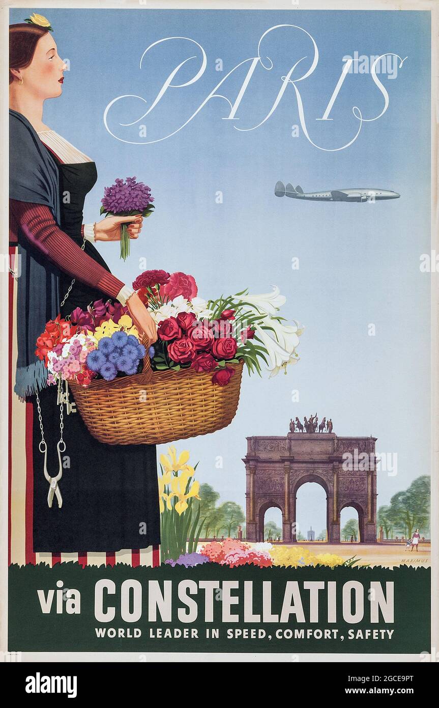 Paris / France. Publicité et poster de voyage. Publicité rétro – Paris via Constellation (Lockheed, années 1950). Femme avec fleur devant l'Arc de Triomphe. Banque D'Images