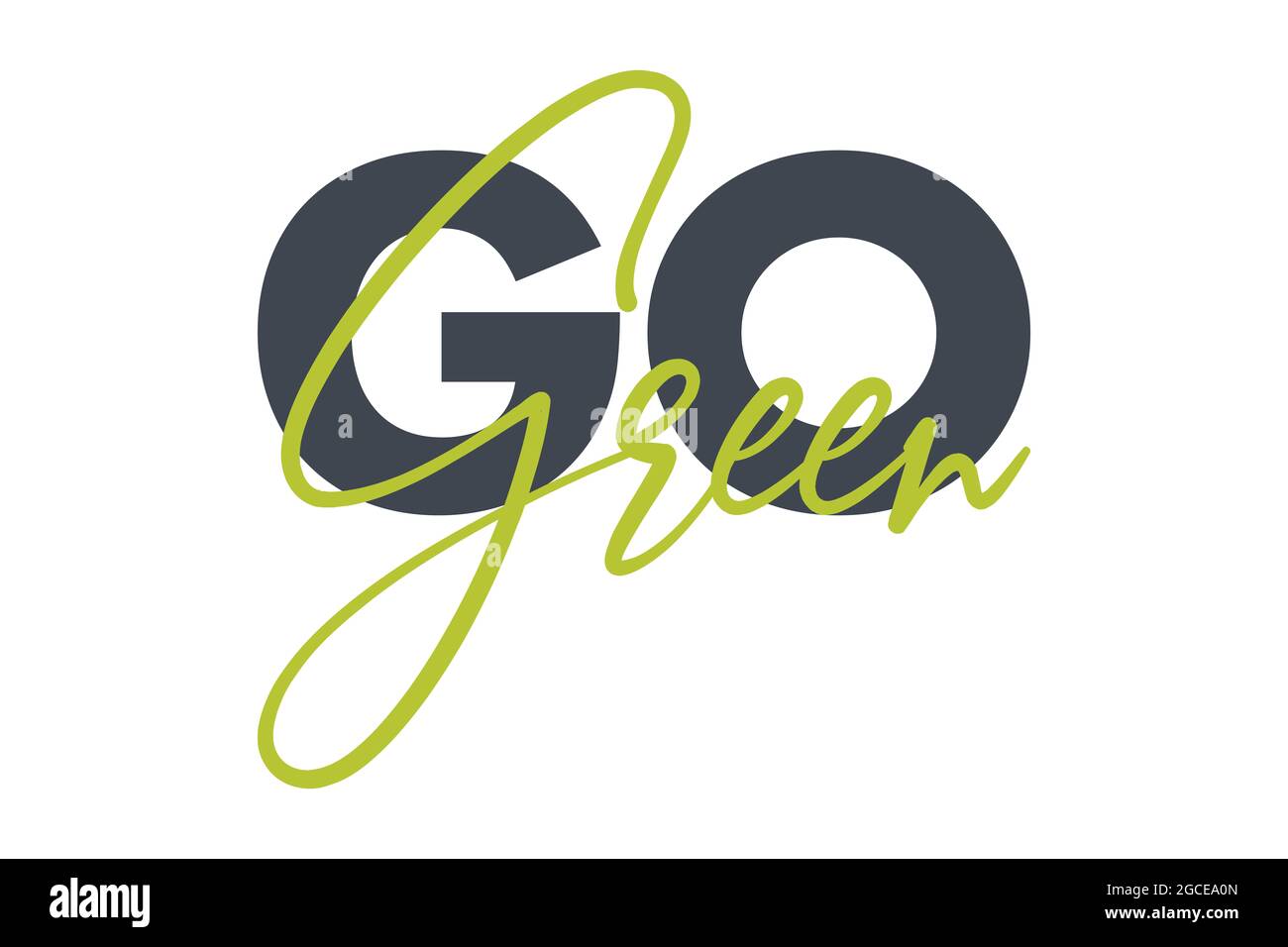 Un motif typographique moderne, simple et audacieux qui dit « Go Green » en vert et en gris foncé. Art vectoriel graphique urbain, cool, tendance et ludique Banque D'Images