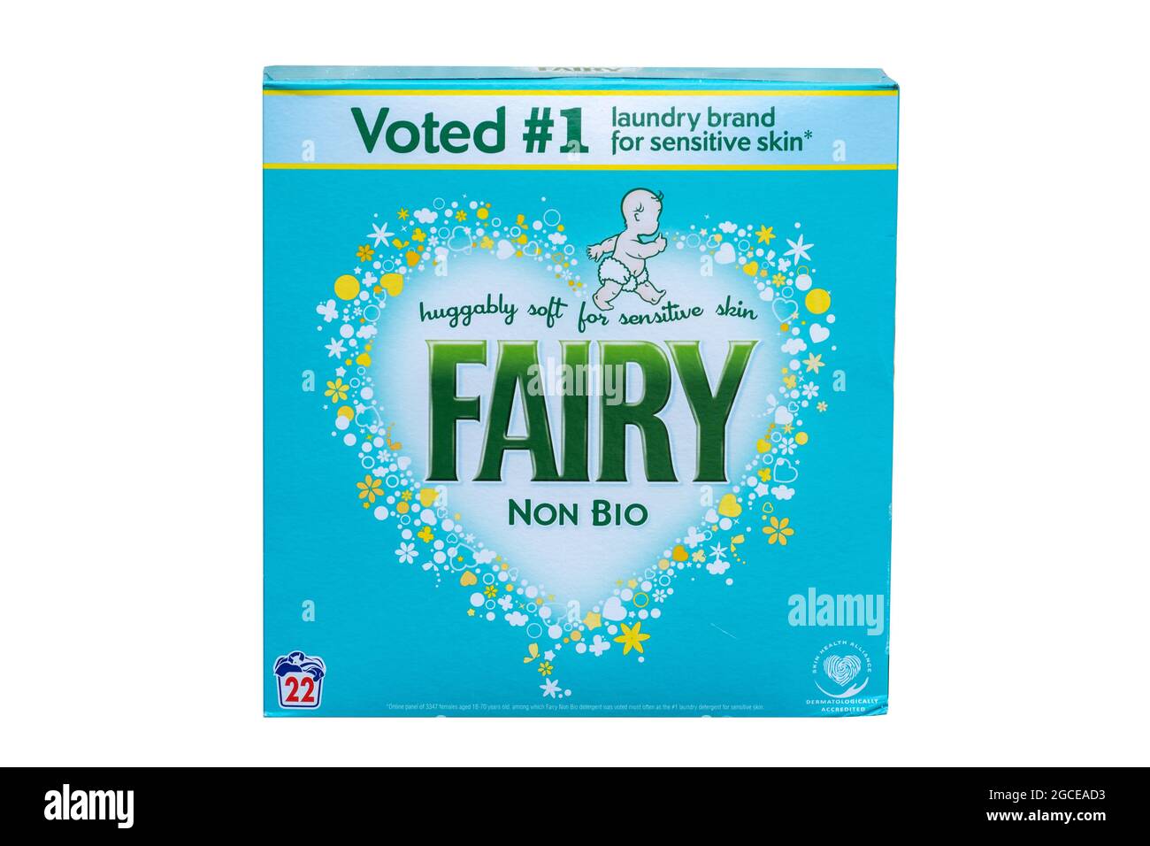 Boîte de poudre de lavage non bio Fairy sur fond blanc, produit de blanchisserie britannique Banque D'Images