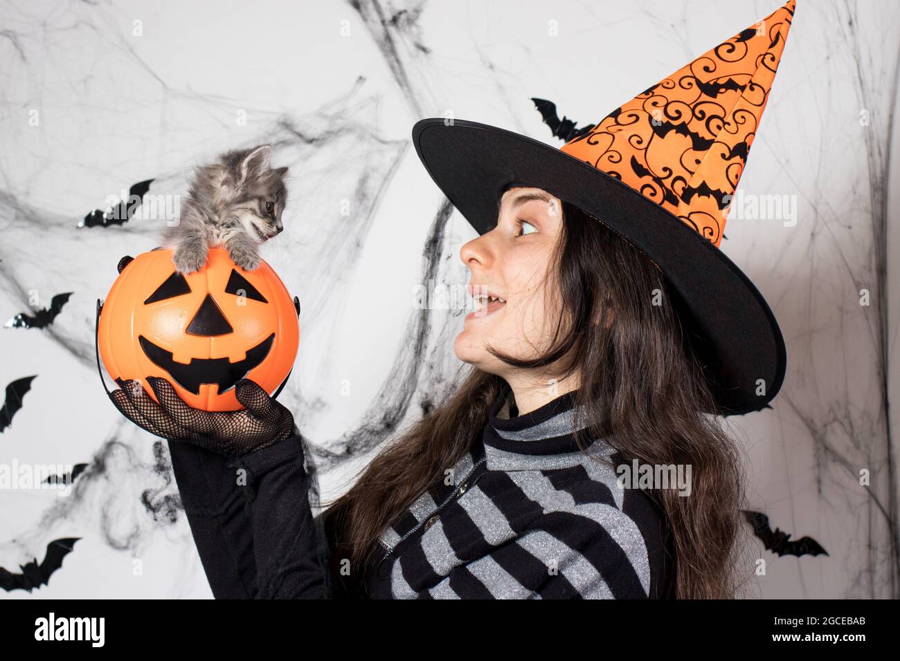 Une femme en costume de sorcière dans un chapeau tient un seau de  citrouille avec chat. Halloween personnes et animal Photo Stock - Alamy