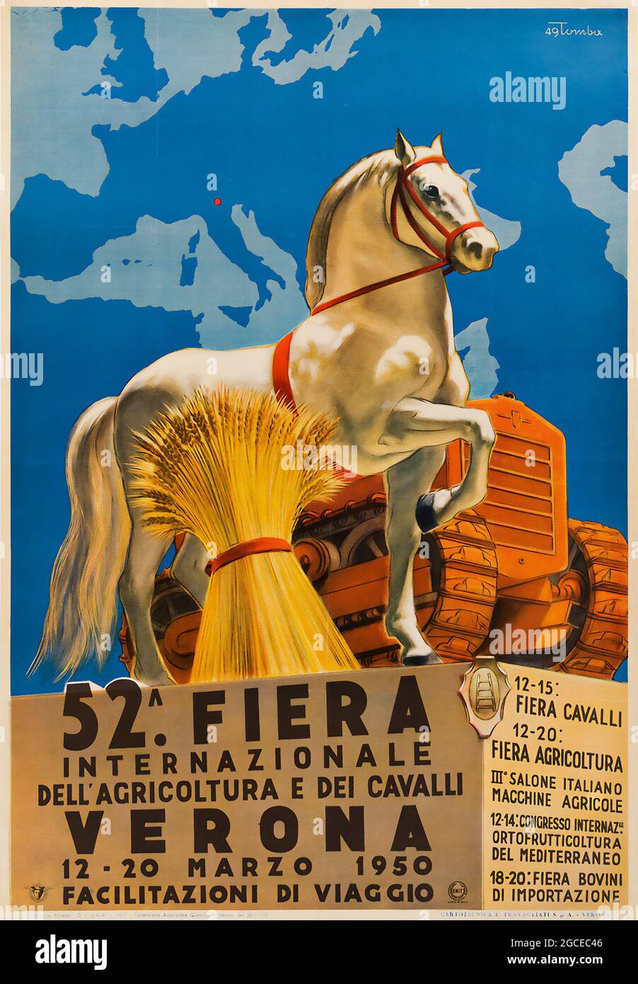 Affiche italienne vintage. 52. Fiera. Internazionale dell'Agricoltura e dei Cavalli. Vérone. 12-20 Marzo 1950. Banque D'Images