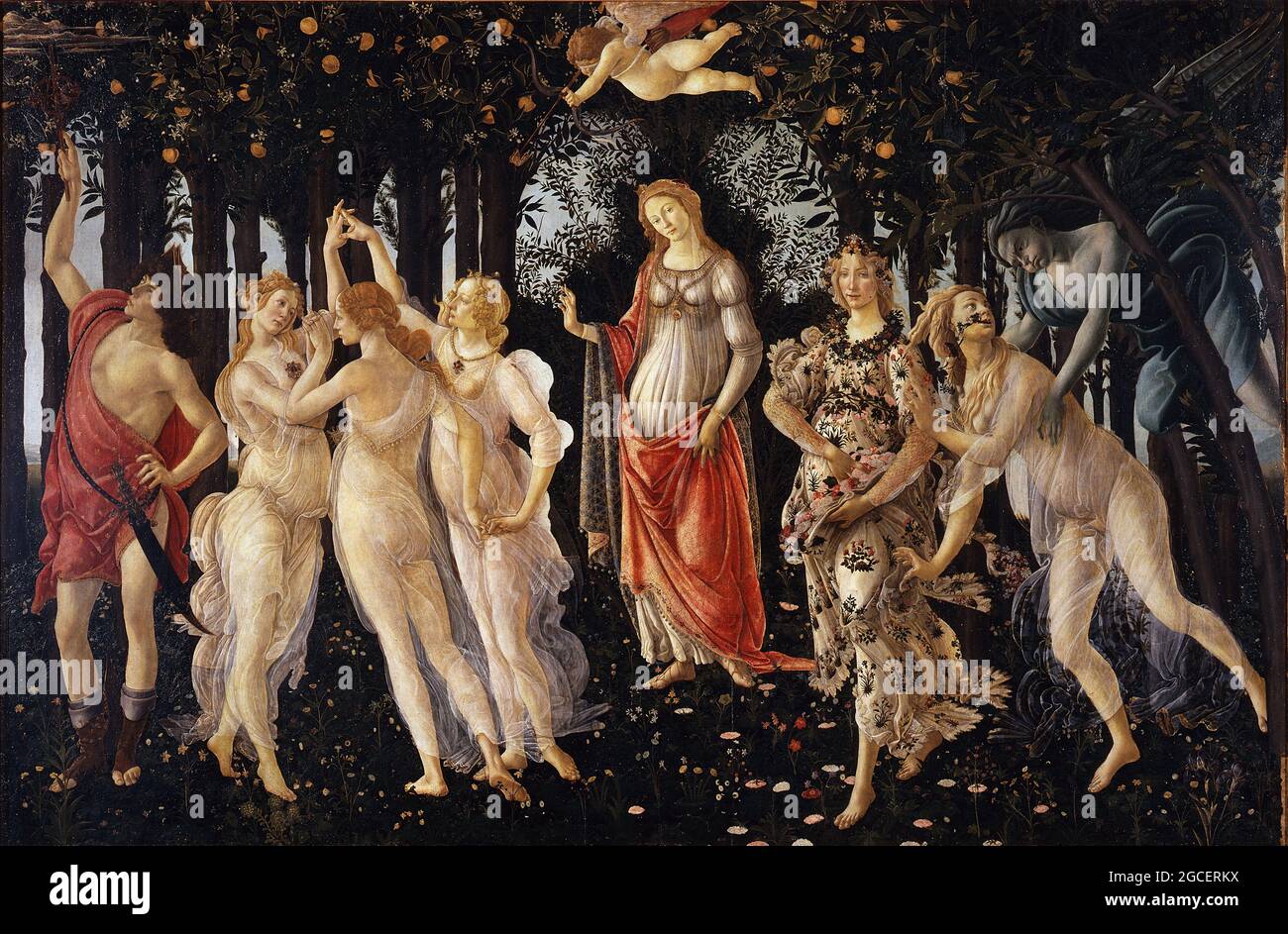 Titre: Primavera Créateur: Sandro Botticelli Date: c.1478 Moyen: Tempera sur panneau dimension: 172.5 x 278.5 cm emplacement: Galleria degli Uffizi, Florence Banque D'Images