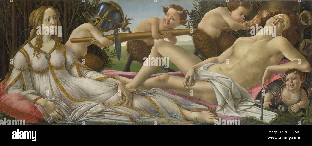 Titre: Vénus et Mars Créateur: Sandro Botticelli Date: c.1485 Moyen: Tempera et huile sur panneau dimension: 69.2 x 173.4 cm emplacement: Galerie nationale, Londres Banque D'Images