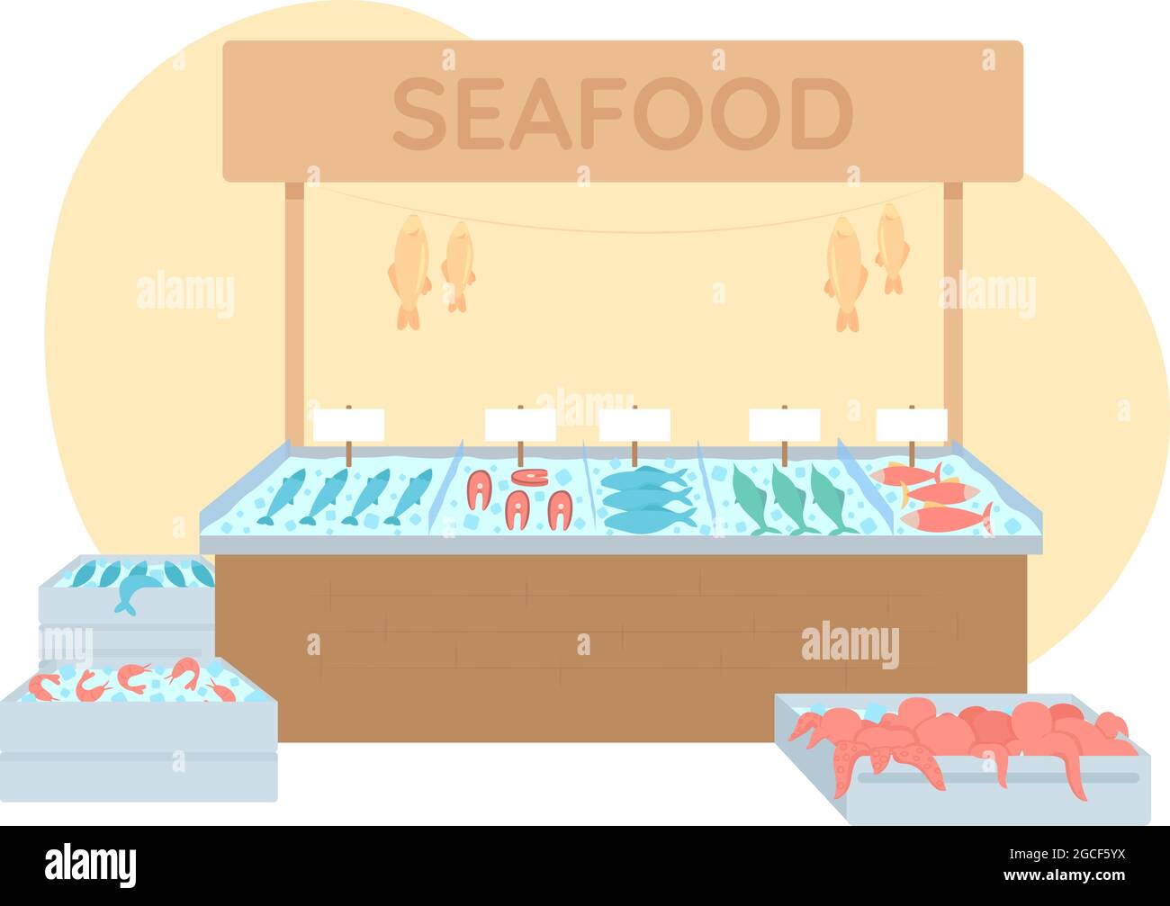 Illustration isolée vectorielle 2D du marché du poisson Illustration de Vecteur