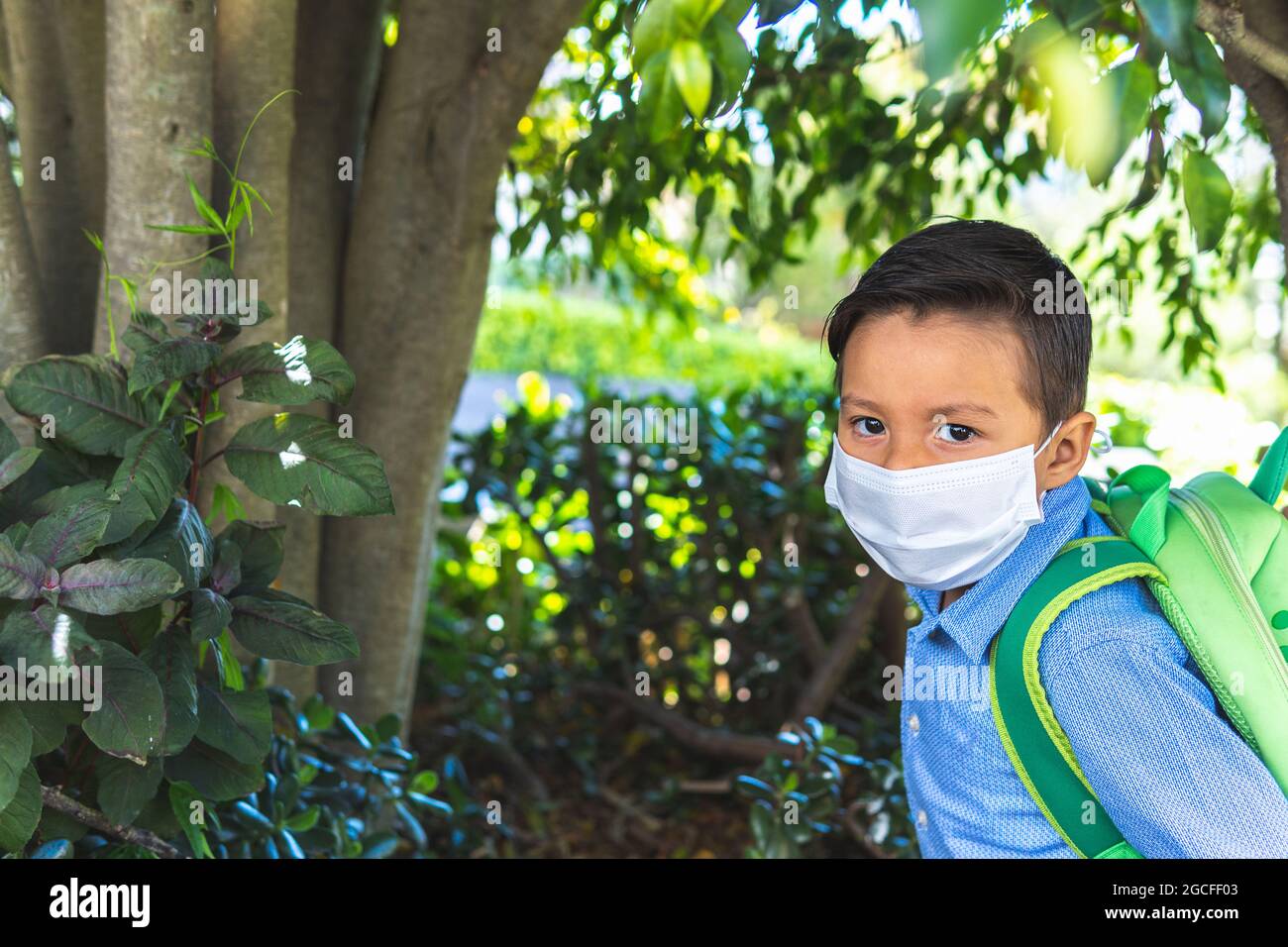 Portrait d'un garçon latino avec un masque et un sac à dos au milieu de la végétation. Retour à l'école Banque D'Images