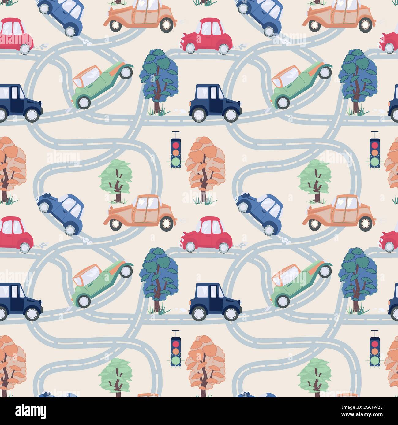 Motif sans couture avec voitures rétro, routes, arbres et feux de circulation. Dessin de tissus pour enfants ou de papier peint dans des couleurs douces et calmes. Illustration vectorielle Illustration de Vecteur