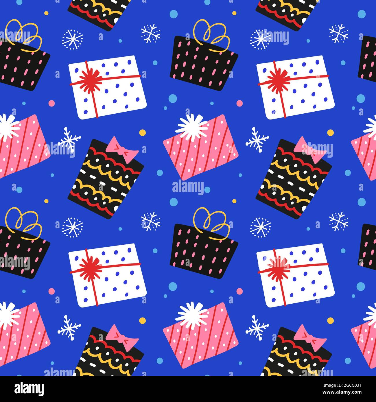 Motif cadeaux de Noël, boîtes cadeaux avec ornements, carte de vœux ou d'invitation, illustration dessinée à la main, motif sans couture, papier cadeau Illustration de Vecteur