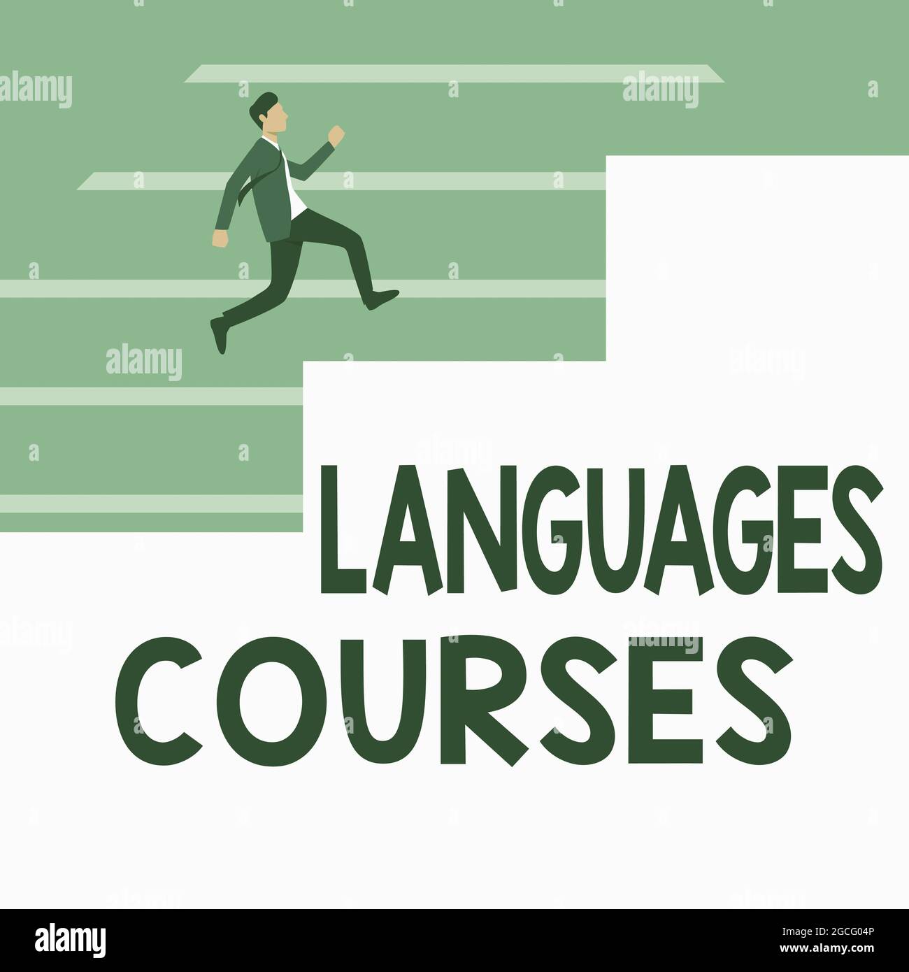 Affiche affichant les cours de langues. Concept signification ensemble de classes ou un plan d'étude sur un homme de langue étrangère en costume courant vers le haut sur UN Banque D'Images