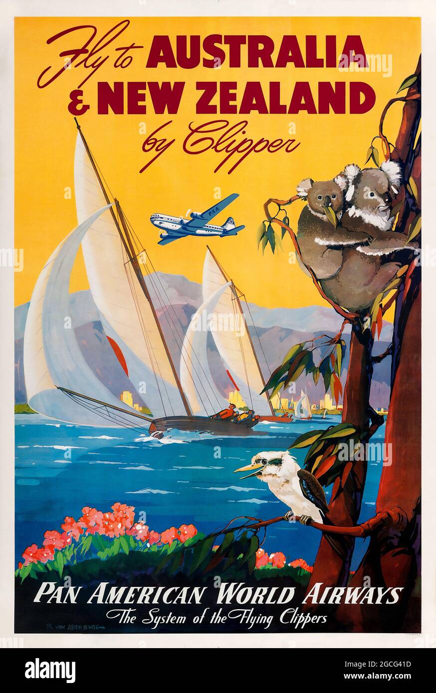 Envolez-vous pour l'Australie et la Nouvelle-Zélande en compagnie de Clipper (Pan American World Airways, années 1950). Mark von Arenburg Artwork. Banque D'Images