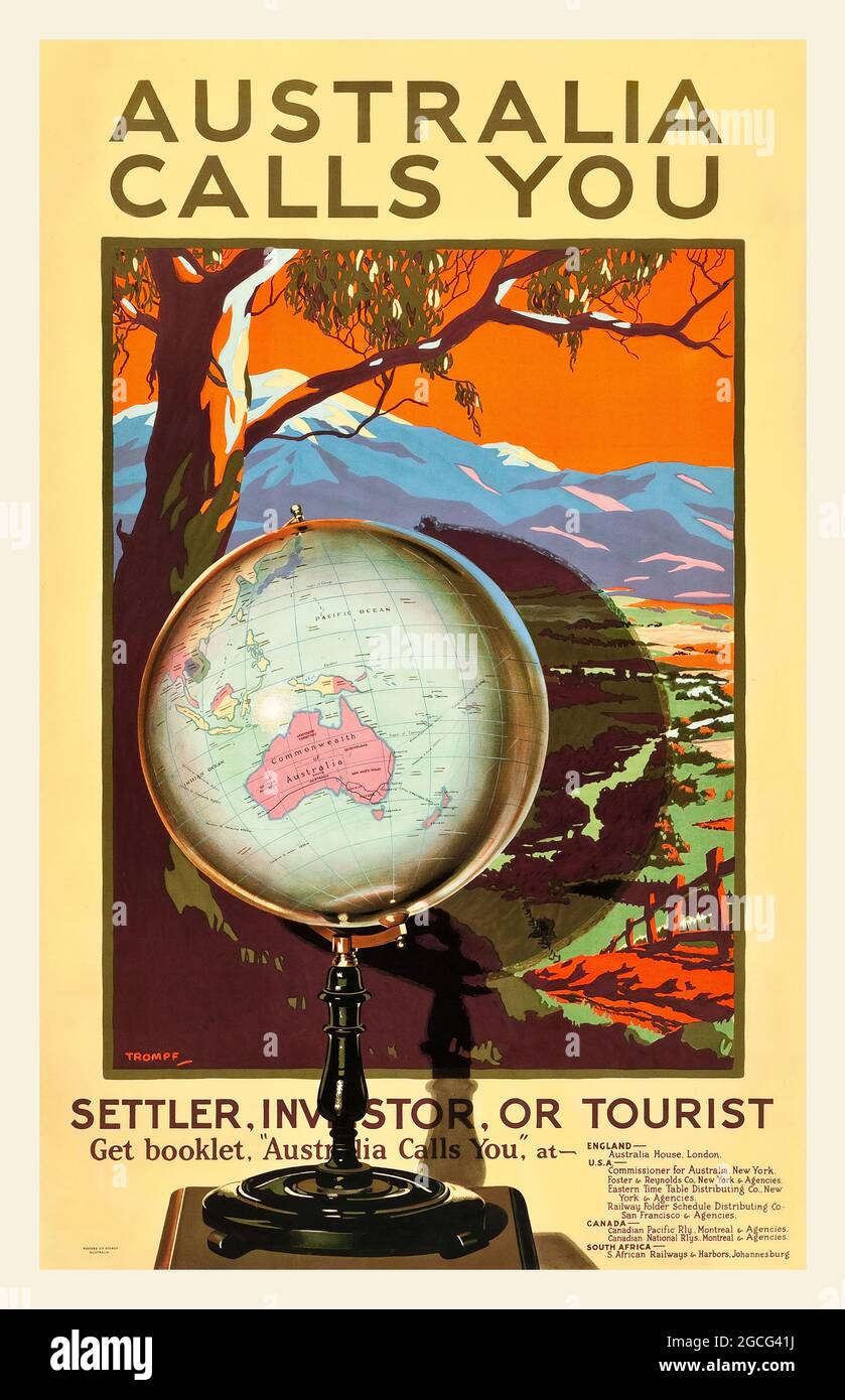 Affiche de voyage en Australie (commissaires des chemins de fer australiens, 1928). « l'Australie vous appelle » Settler, investisseur ou touriste. Banque D'Images