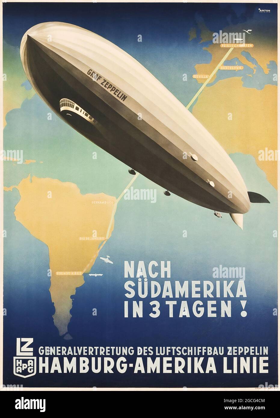 Affiche de voyage vintage – ALLEMAGNE – Publicité rétro - Graf Zeppelin - Hamburg-Amerika Line. 1930s. 'Nach Südamerika in 3 tagen' Banque D'Images