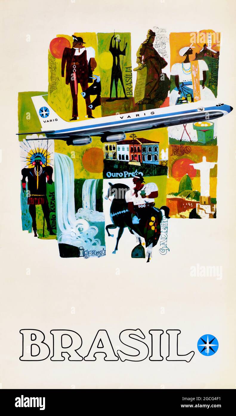 Affiche de voyage vintage - BRÉSIL. Publicité rétro de Varig. 1960s. Banque D'Images