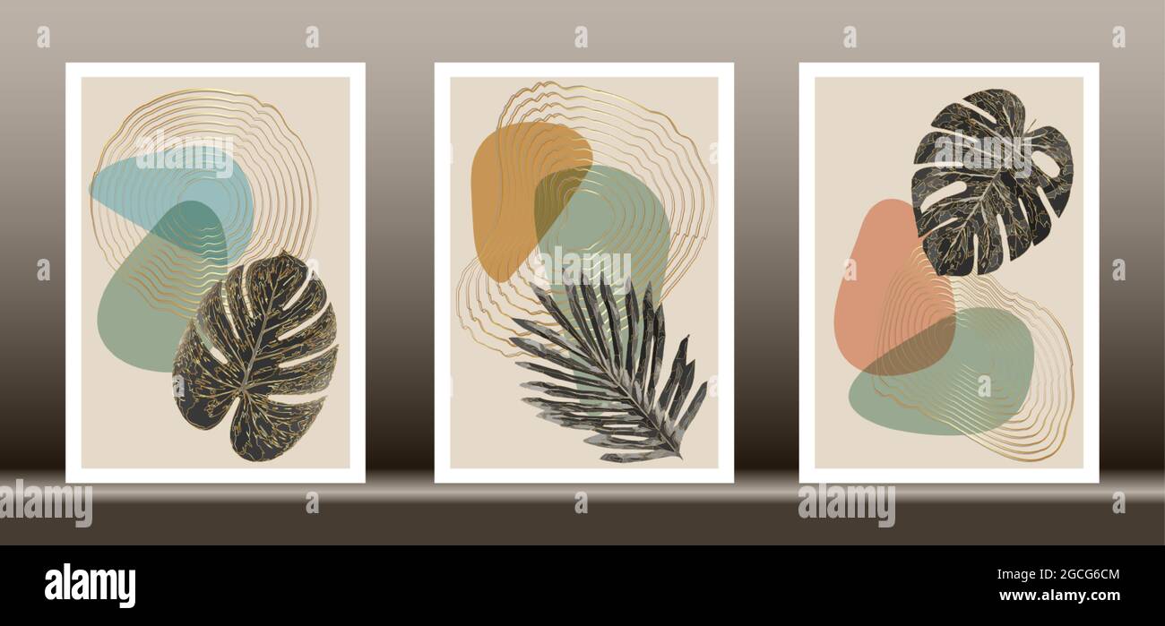 Jeu de vecteurs d'art mural botanique. Dessin d'art en ligne de feuillage doré avec forme abstraite, motif d'art végétal abstrait doré pour les imprimés muraux, toile Illustration de Vecteur