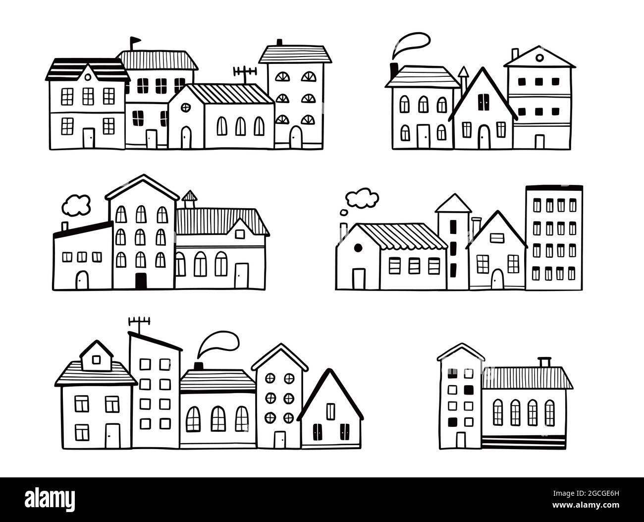 Doodle City Street avec maison. Style d'esquisse dessiné à la main. Maison avec toit. Illustration vectorielle pour village, motif de ville, arrière-plan. Illustration de Vecteur