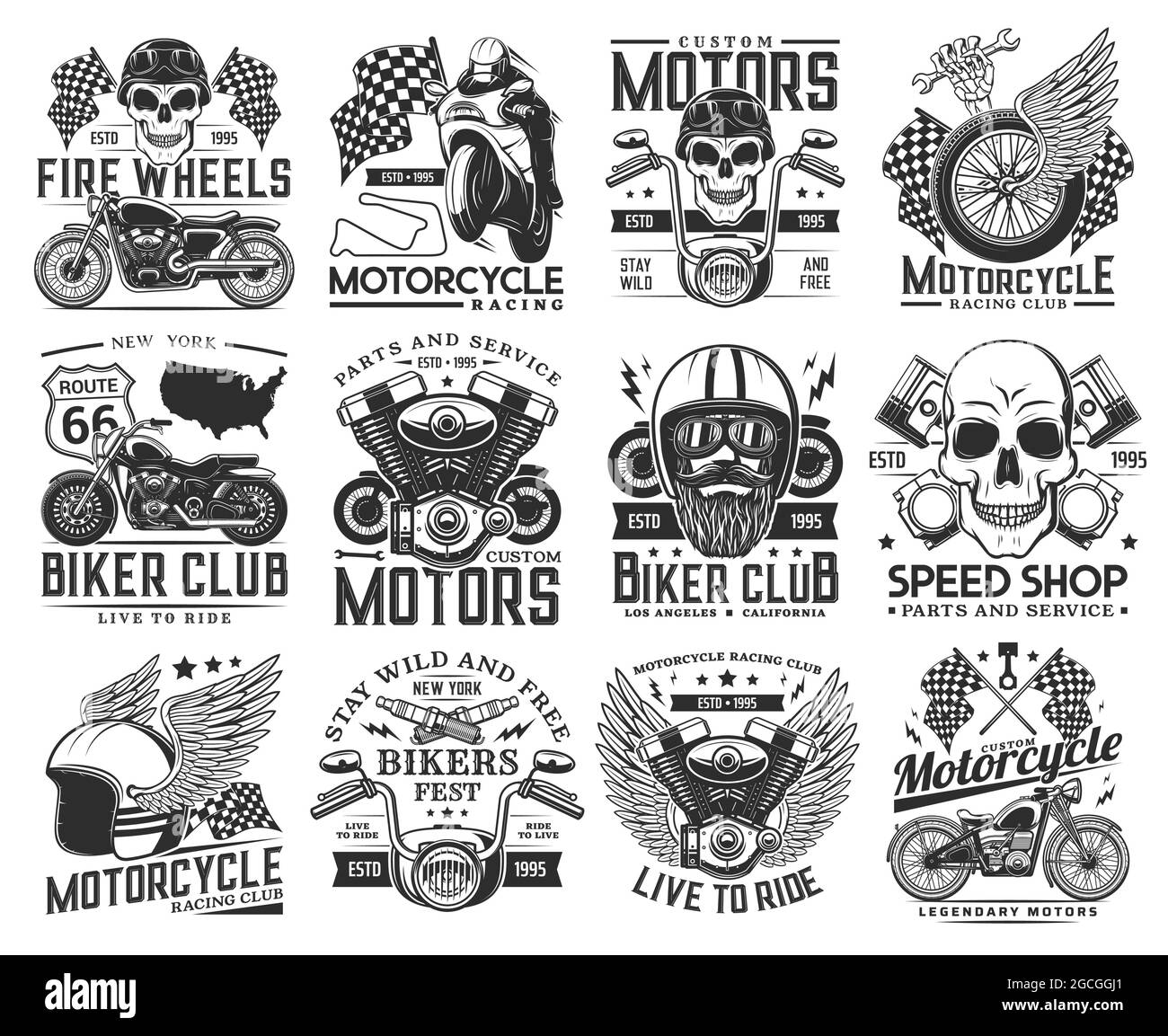 Courses de moto, icônes rétro du club de moto. Crâne de motard en casque et  lunettes de protection, roue à ailettes, piston et guidon du moteur,  vecteur gravé en chopper. Rep Image