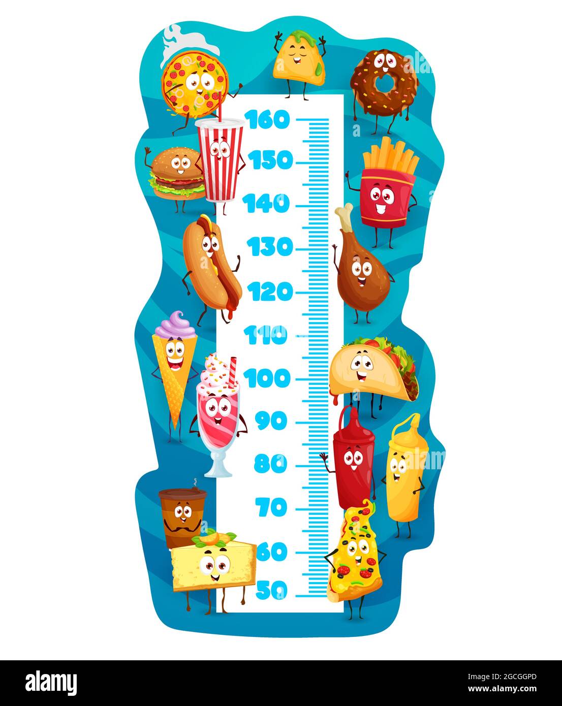 Tableau des hauteurs pour enfants avec personnages de fast food à dessins animés, indicateur de croissance vectoriel. Tableau des hauteurs pour enfants avec hamburger, hot dog, crème glacée et CA mignon Illustration de Vecteur
