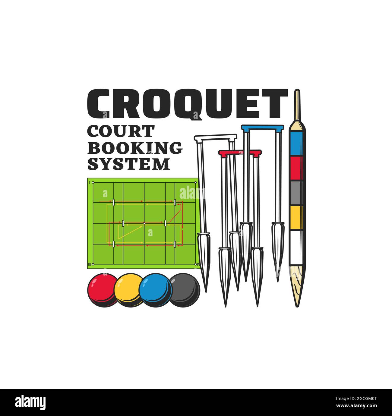 Croquet articles de sport vecteur icône de boules, de portes-ballons ou de basket-ball, de poteau de pointage et de terrain de jeu d'herbe verte ou de terrain. Symbole isolé de croquet matériel de jeu Illustration de Vecteur