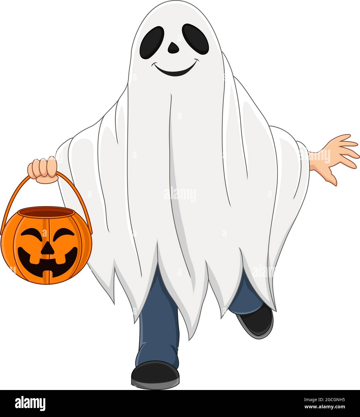 Dessin animé enfant portant le costume fantôme halloween tenant le panier  de citrouille Image Vectorielle Stock - Alamy