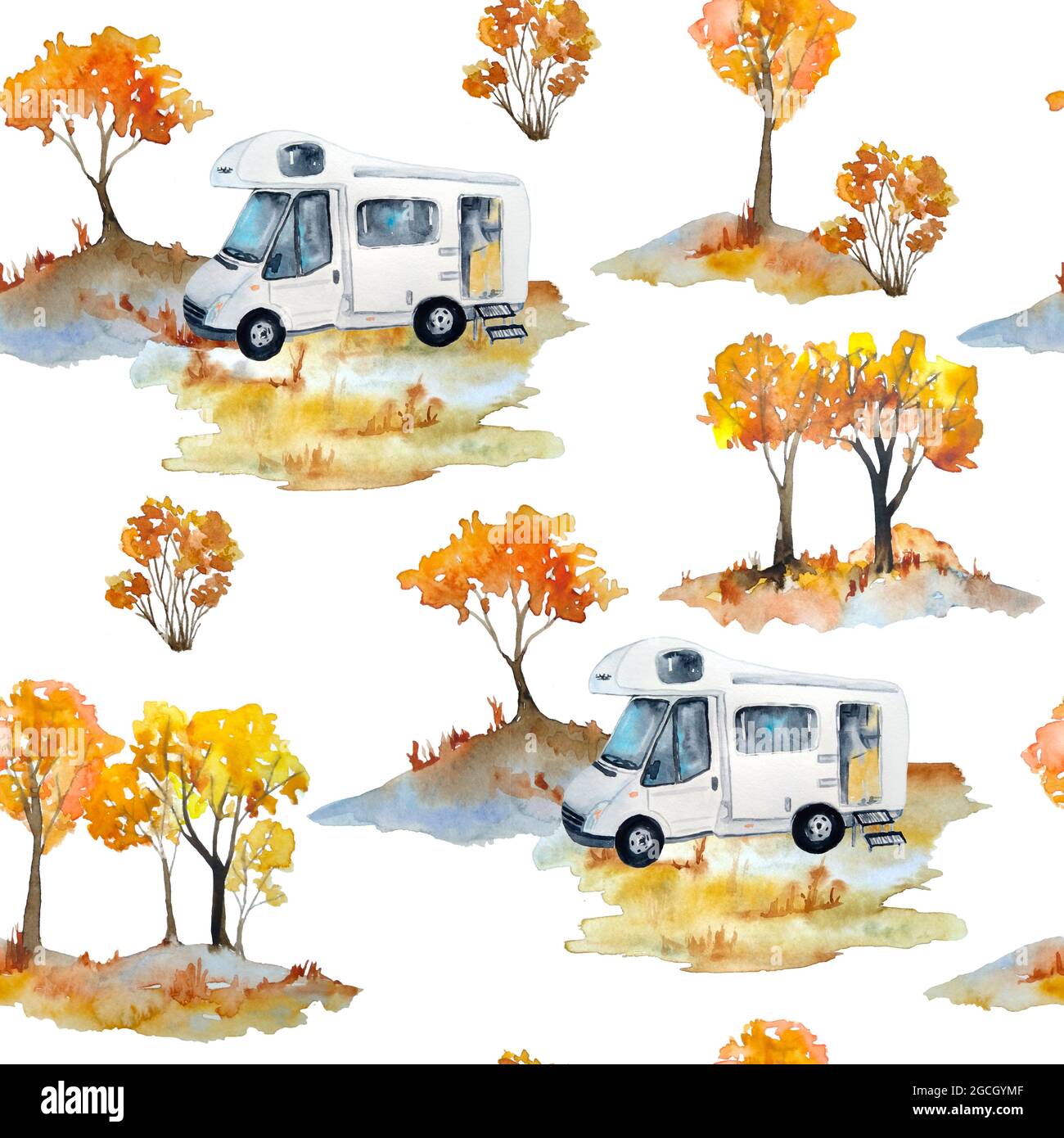 Aquarelle dessin à la main sans couture avec automne paysage d'automne avec montagnes ciel orange herbe buissons et remorque van campeur, tente touristique. Tourisme activités de camping en plein air. Forêt sauvage nature septembre octobre Banque D'Images