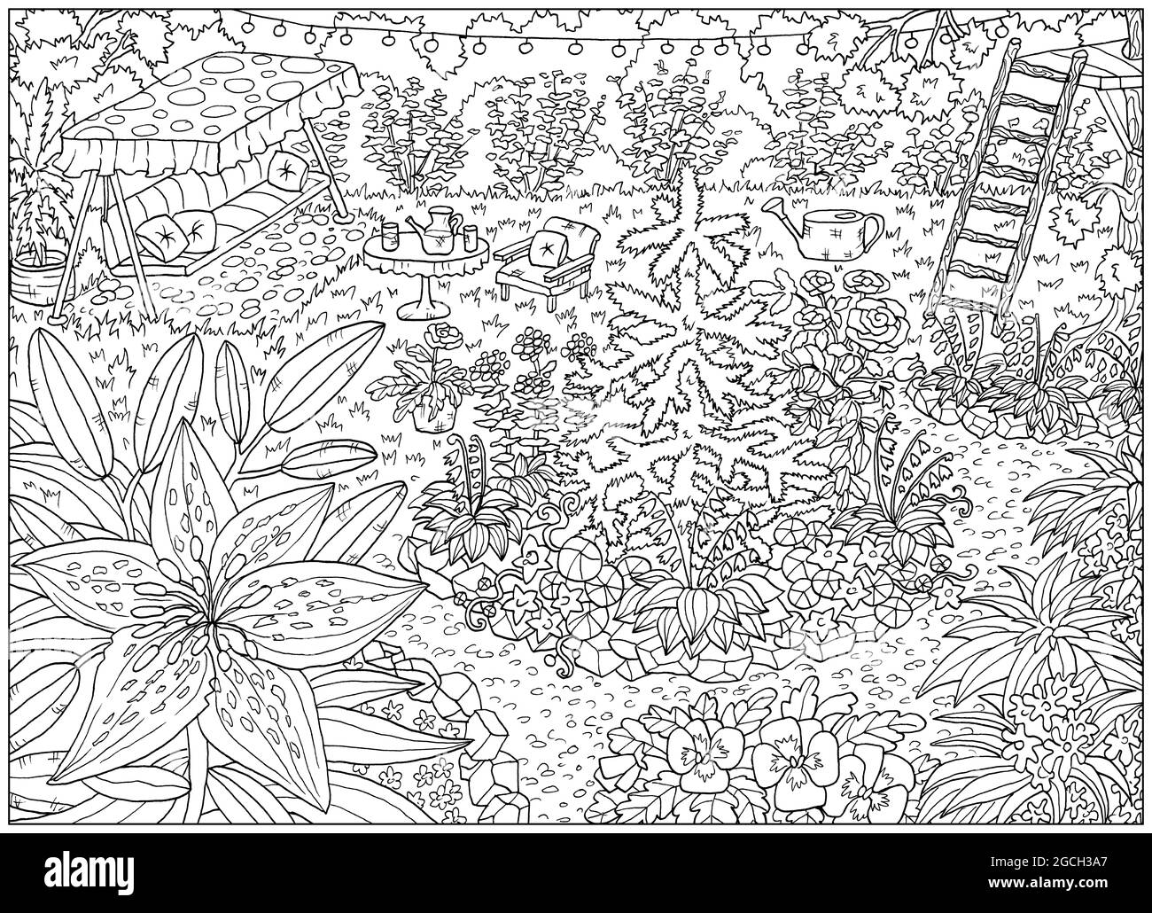 Page de coloriage noir et blanc avec fleurs et objets de jardin vintage