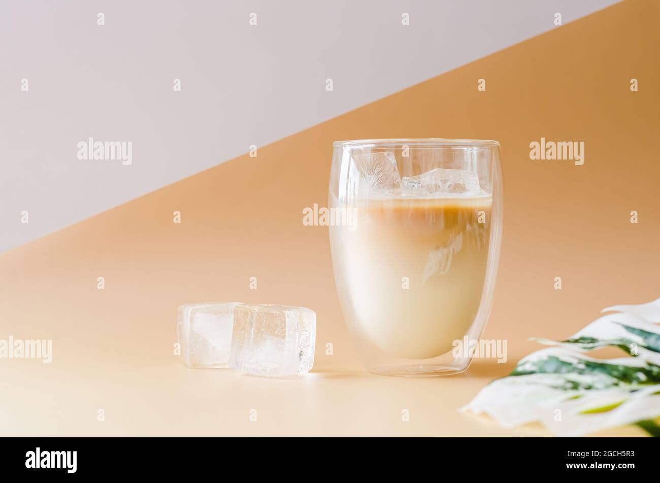 Cube glacé dans un verre qui couvre de la vapeur de café latte avec une feuille de monstère et un cube glacé sur le sol. Concept de boisson d'été. Banque D'Images