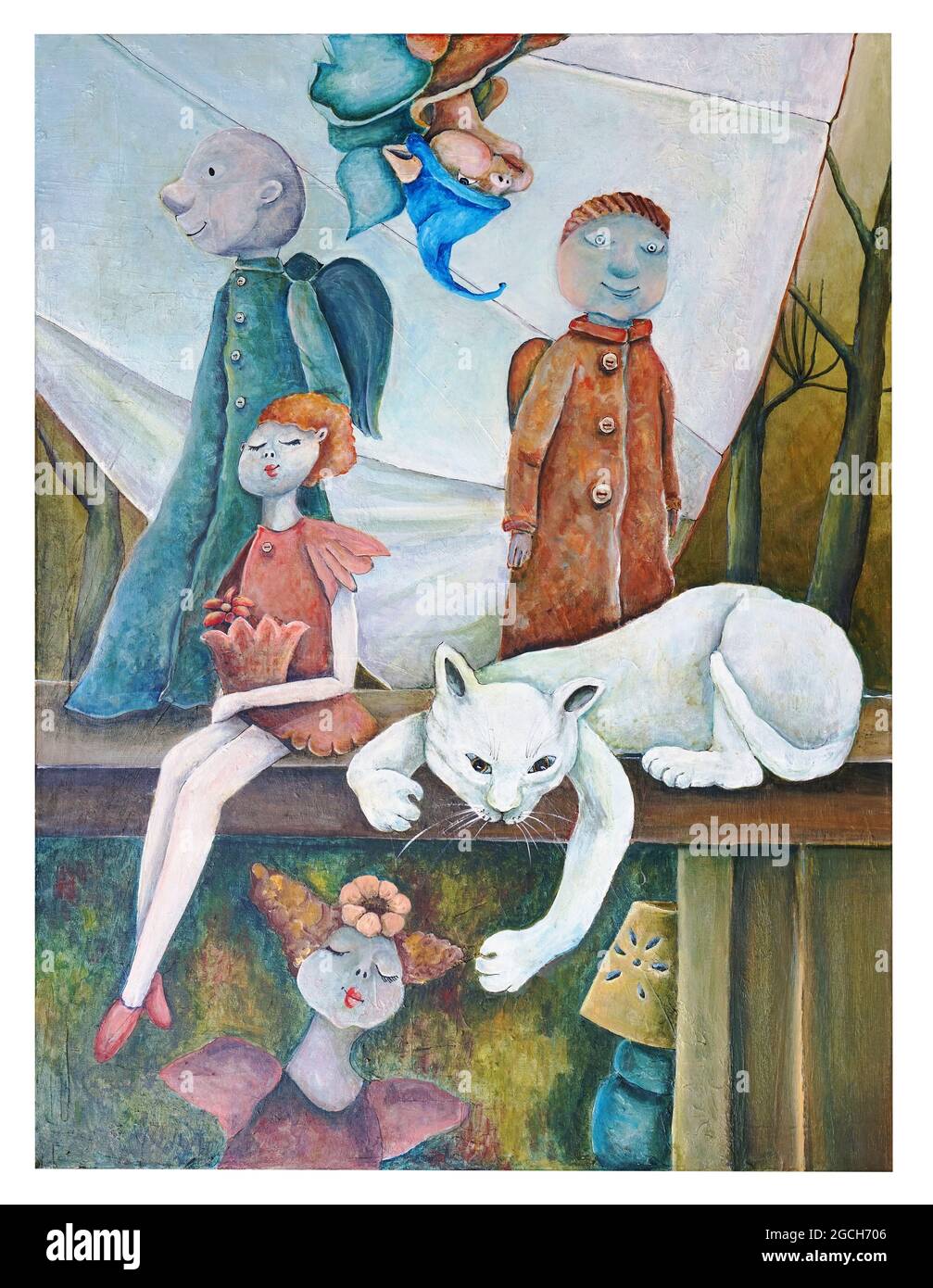 Poupées de marionnettes et chat blanc peint avec des peintures acryliques Banque D'Images